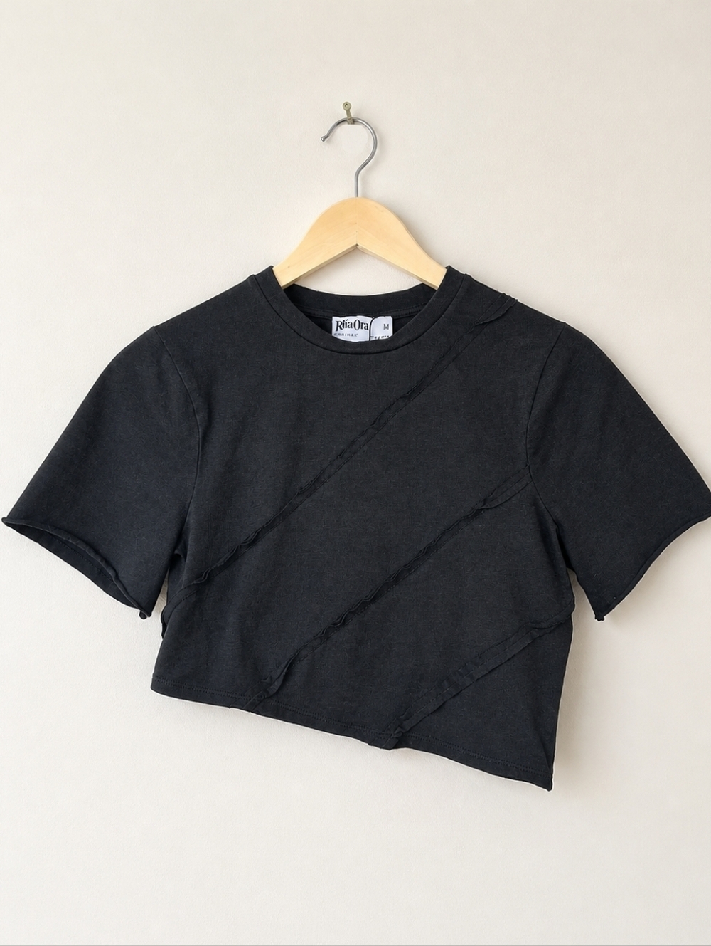 Rita Ora x Primark Black Asymmetrical Cropped Tee Distressed Seam Detail Y2K